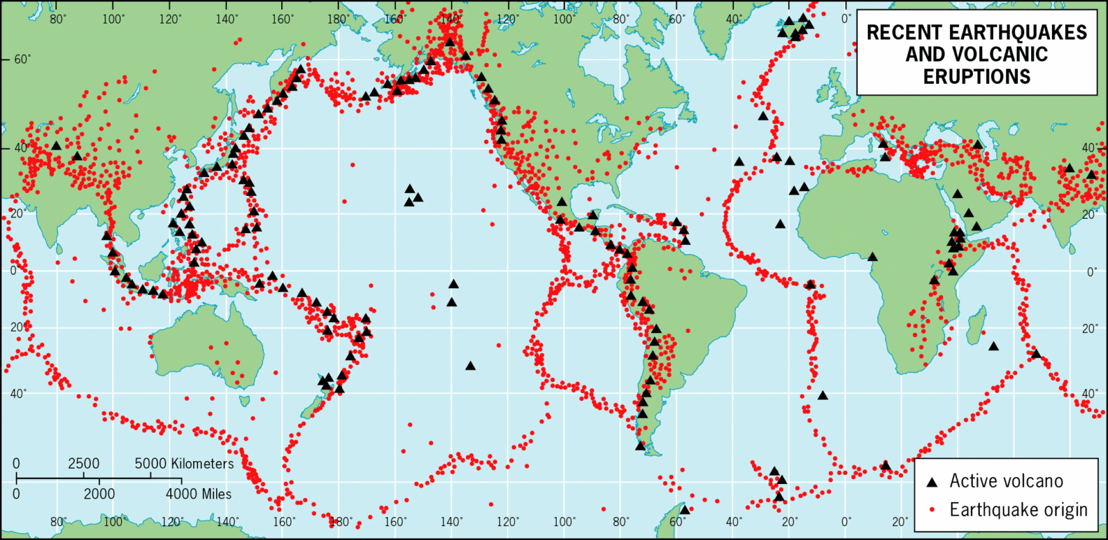 Global map of earthquakes and volcanoes along plate boundaries