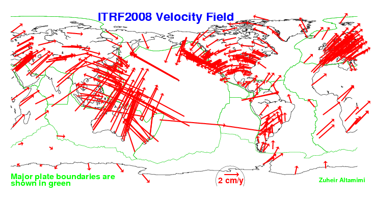 Measured motion of GPS sites. Plate boundaries are shown in green. (Credit: Zuheir Altamimi, ITRF.)
